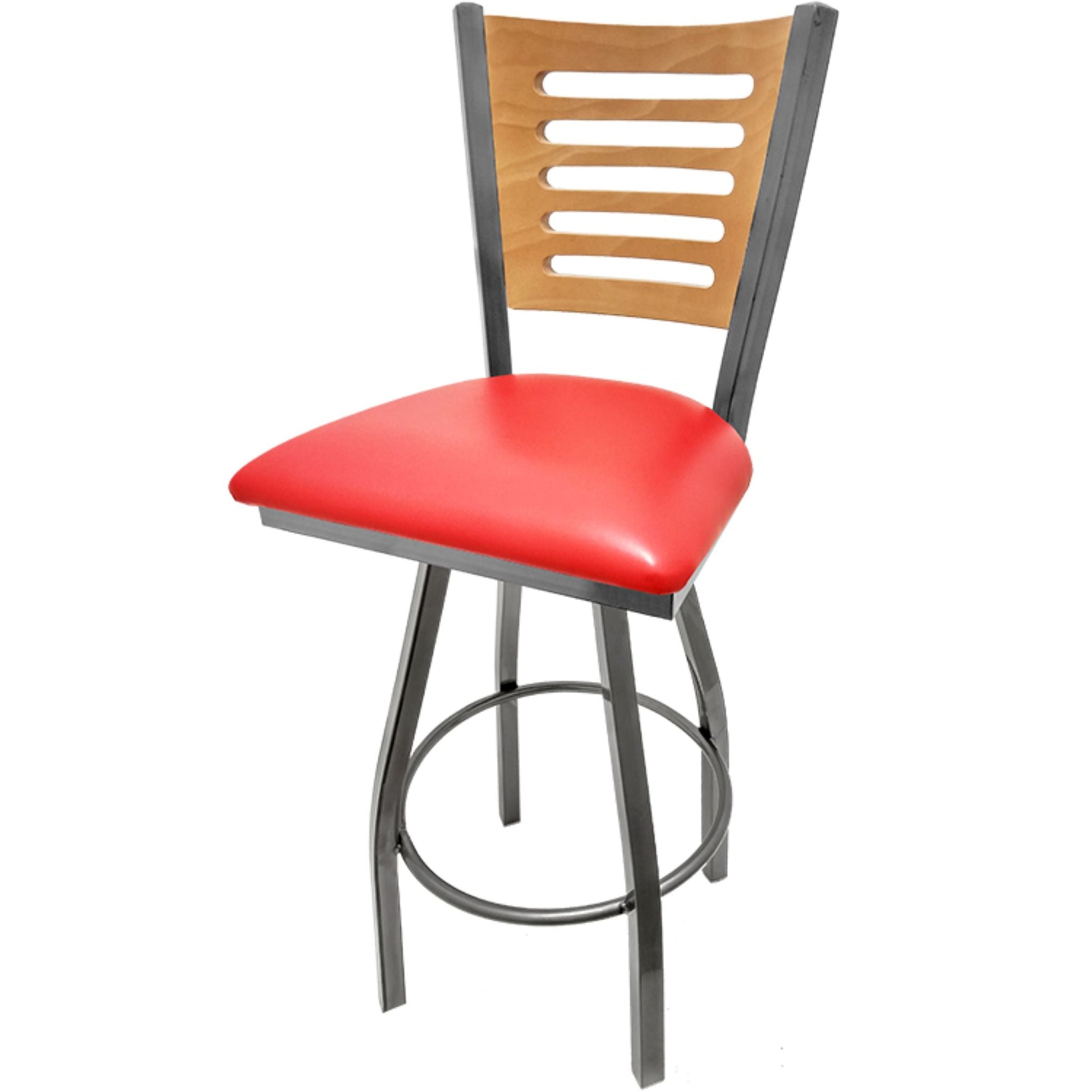 Clear coat wood back barstool with red vinyl seat