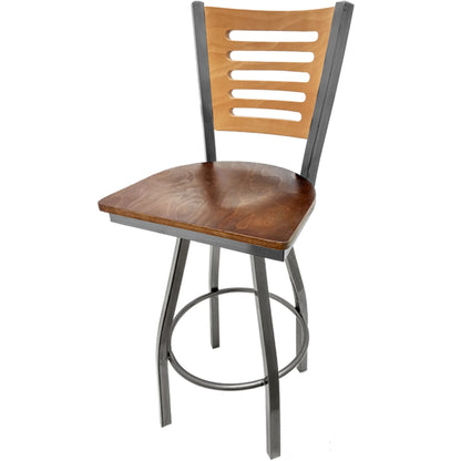 Clear coat wood back barstool with walnut wood seat
