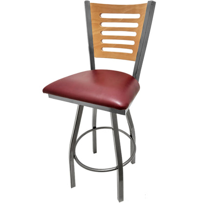 Clear coat wood back barstool with wine vinyl seat
