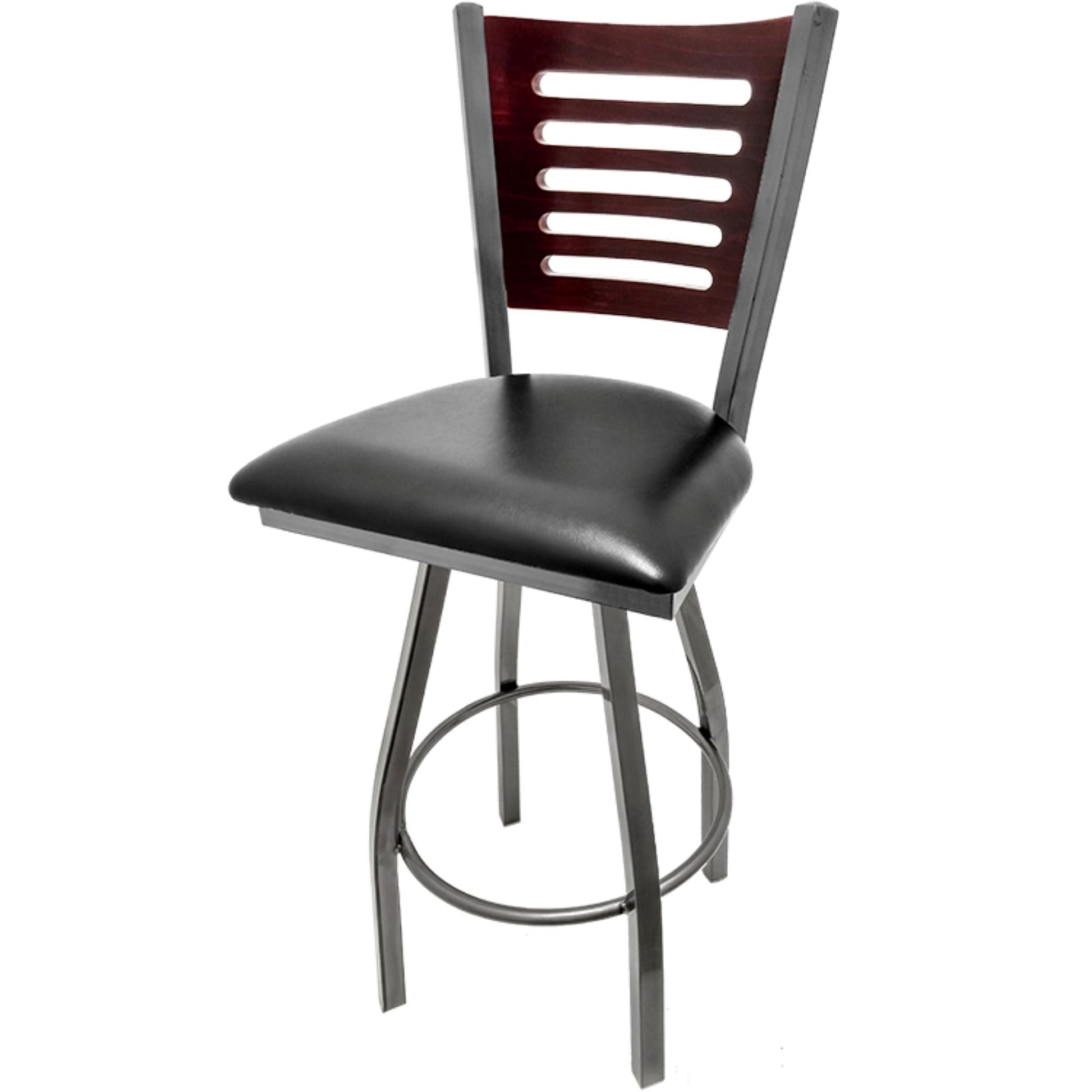 Mahogany finish wood back barstool with black vinyl seat