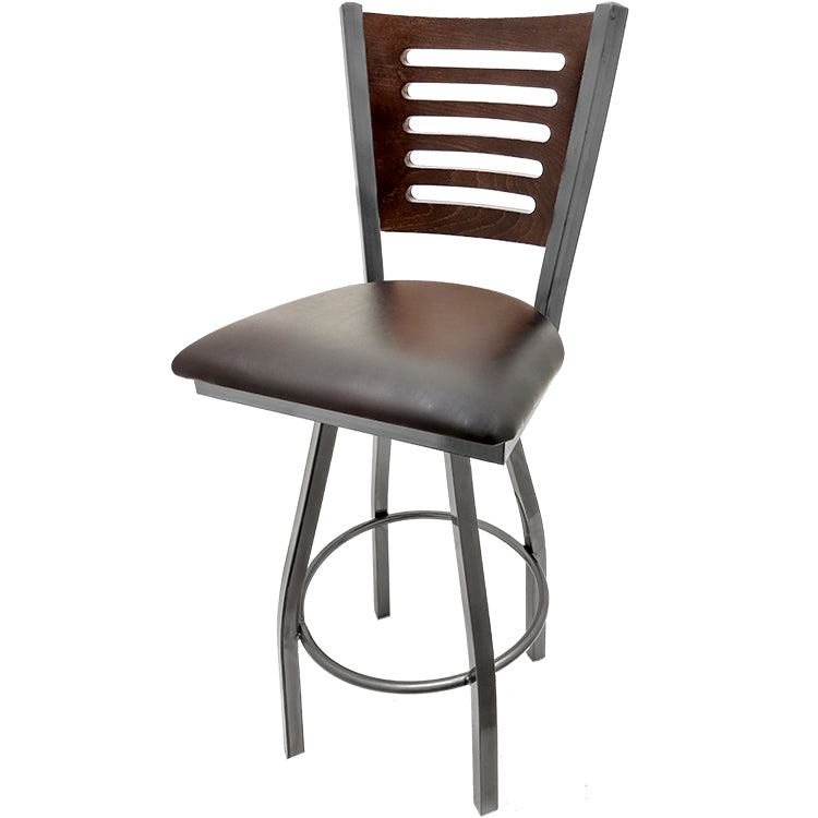 Walnut finish wood back barstool with espresso vinyl seat