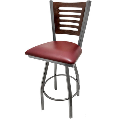 Walnut finish wood back barstool with wine vinyl seat