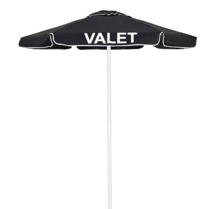 Black commercial valet umbrella featuring a 60-inch UV-resistant canopy and heavy-duty base for valet stations and outdoor check-in areas.