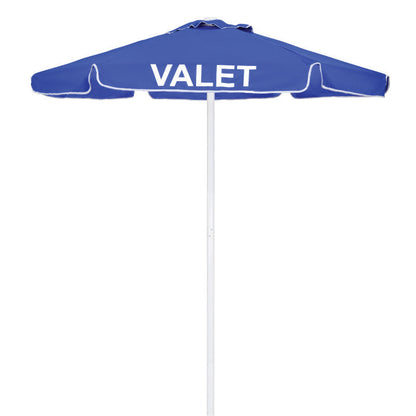 Blue commercial valet umbrella with a 60-inch outdoor canopy and tall pole, designed for valet stands, hospitality entrances, and guest service areas
