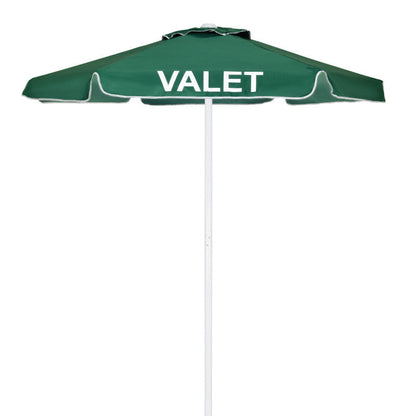 Green commercial valet umbrella featuring a UV-resistant 60-inch canopy and stable base for entrances, curbside pickup areas, and event venues.