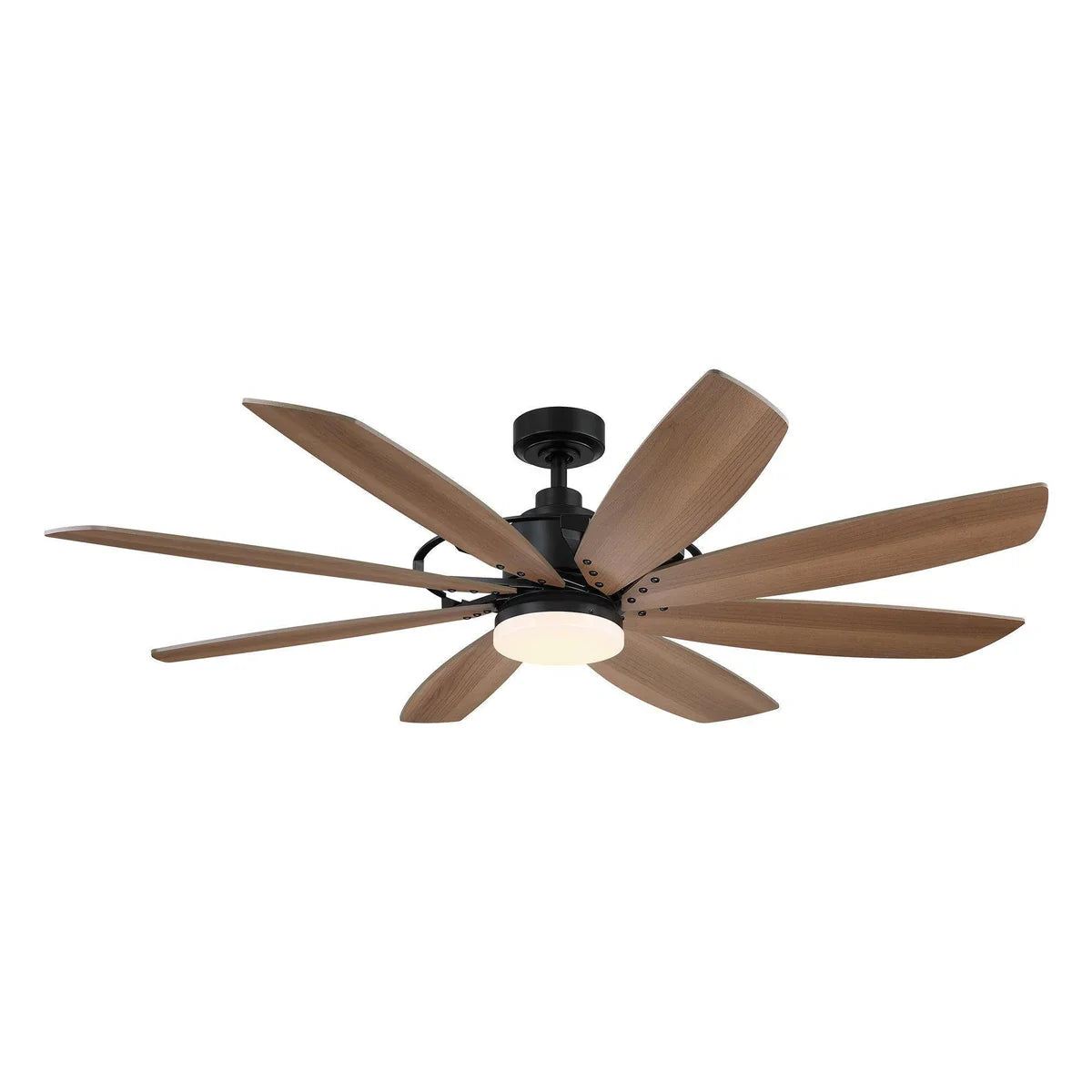 60-inch industrial ceiling fan with matte black frame and reversible pine blades for restaurant interiors