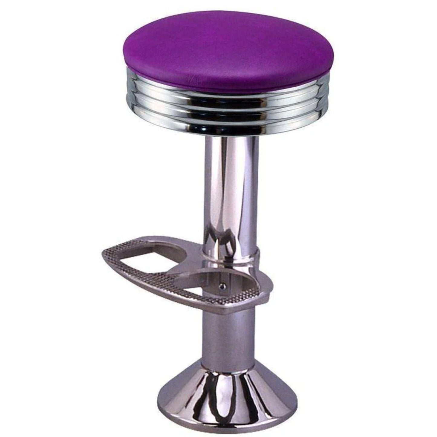 Retro chrome-pan floor-mounted counter stool with round swivel seat and customizable upholstery