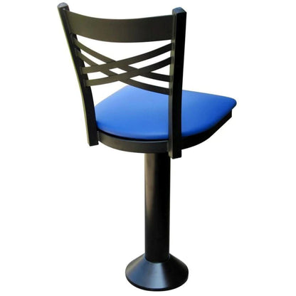 Floor-mounted counter stool with double-cross metal back, swivel seat, customizable upholstery or wood seat, and powder-coated frame back view.