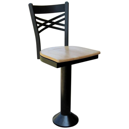 Floor-mounted counter stool with double-cross metal back, swivel seat, customizable upholstery or wood seat, and powder-coated frame