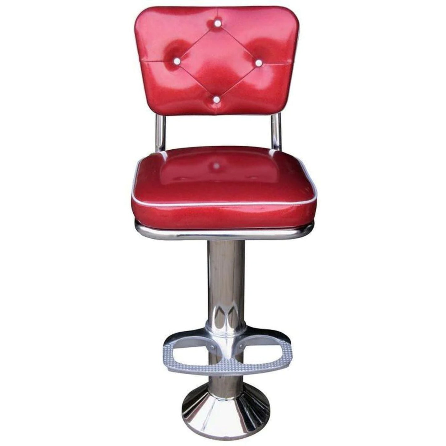 Floor-mounted counter stool with padded swivel seat and retro-style backrest, shown from the front with welded double-post support