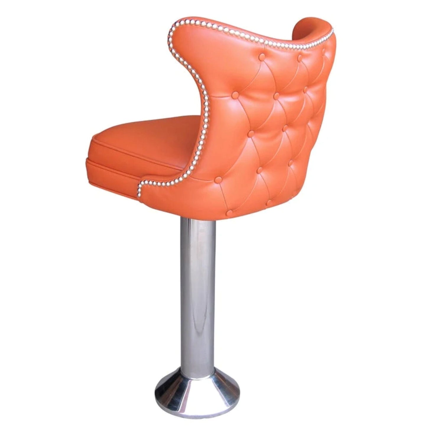 Floor-mounted counter stool with diamond-tufted back, swivel bucket seat, and chrome finished column and bell base