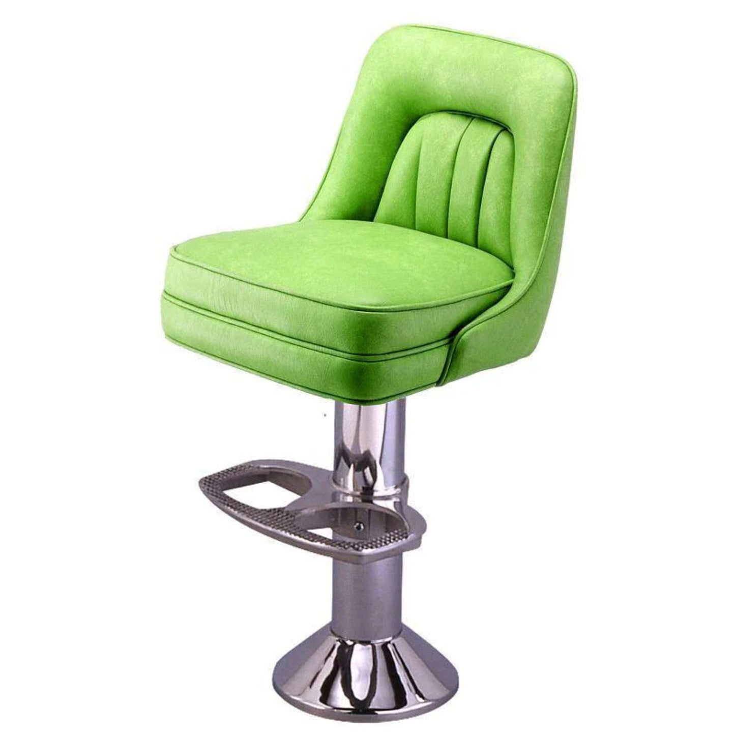 Floor-mounted counter stool with vertical-channeled backrest and padded swivel bucket seat on a cast iron base.