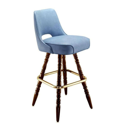 Upholstered cutout bar stool with decorative wood leg base