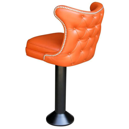 Floor-mounted counter stool with diamond-tufted back, swivel bucket seat, and black finished column and bell base.