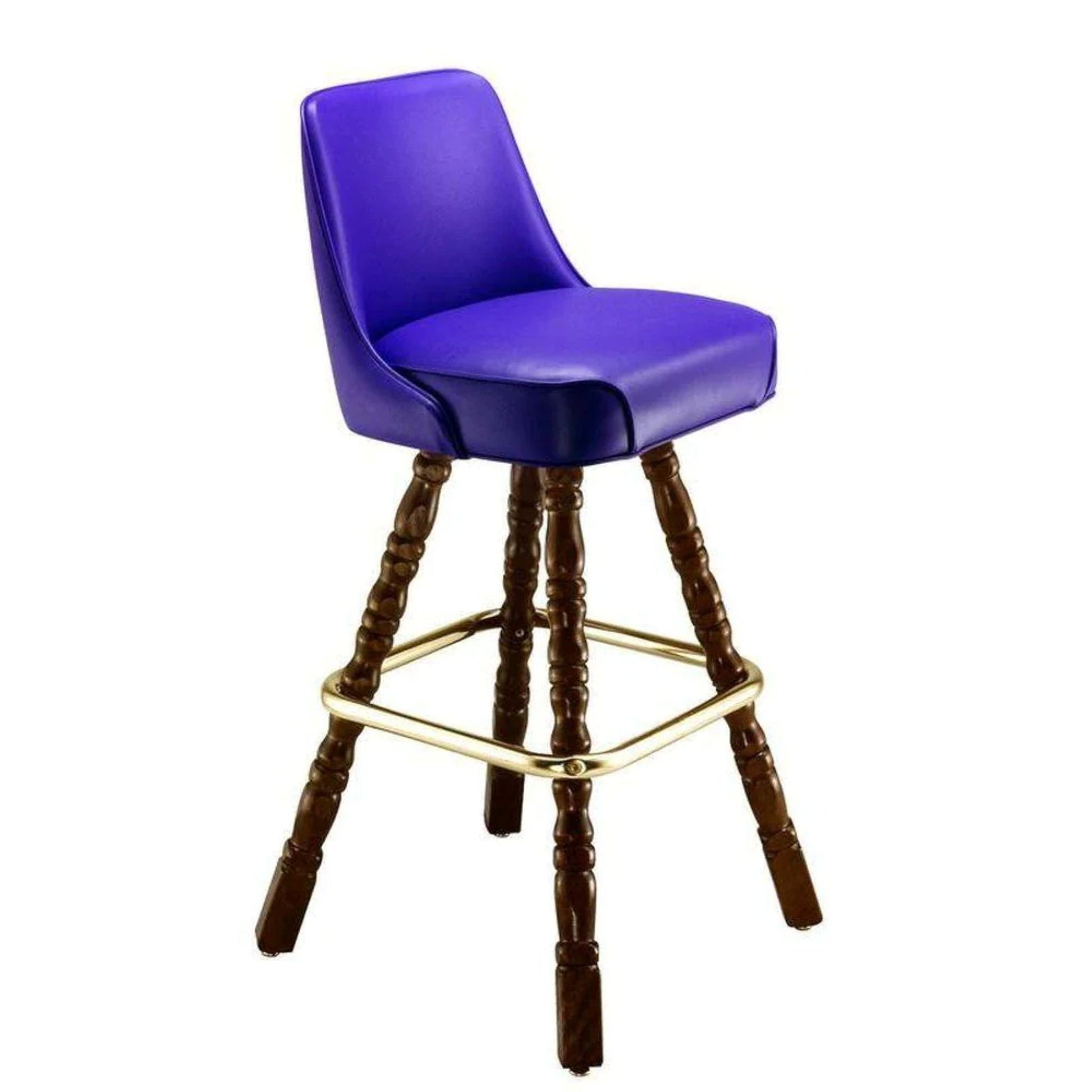 Commercial bar stool with decorative wood leg base and padded seat