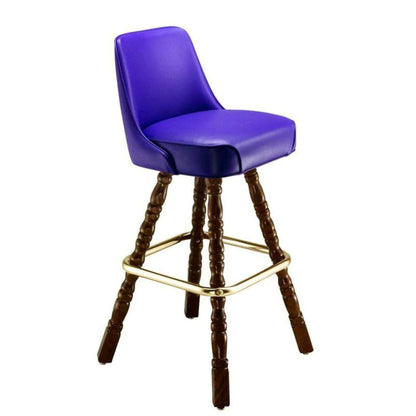 Commercial bar stool with decorative wood leg base and padded seat