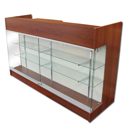 cherry six foot ledge checkout counter with glass display front.