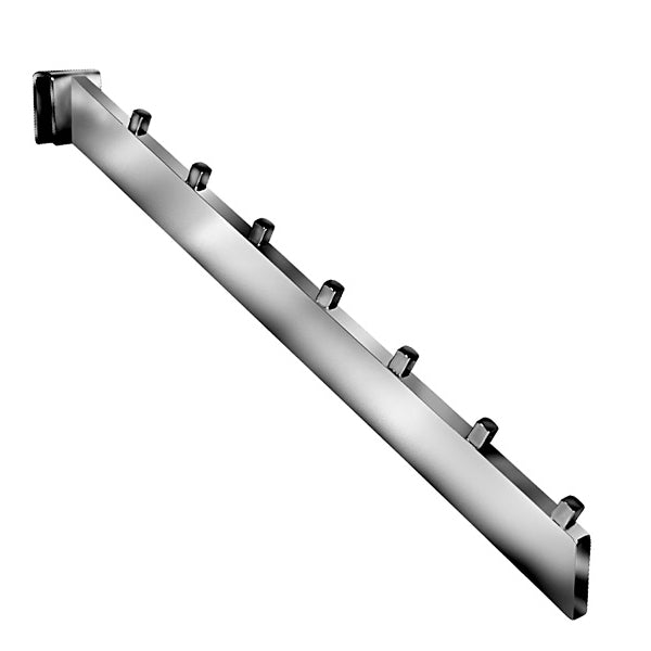 Angled view of a 7-cube waterfall attachment for rectangular tubing, highlighting the slanted arm, sturdy cube spacing, and chrome or raw steel finish for merchandising clothing in retail or hospitality environments.