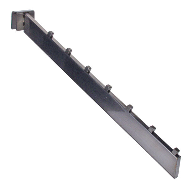 Front view of a 7-cube waterfall display arm designed for rectangular tubing, showing evenly spaced cubes for hanging apparel face-forward on retail racks in restaurants, cafés, boutiques, and hospitality spaces.