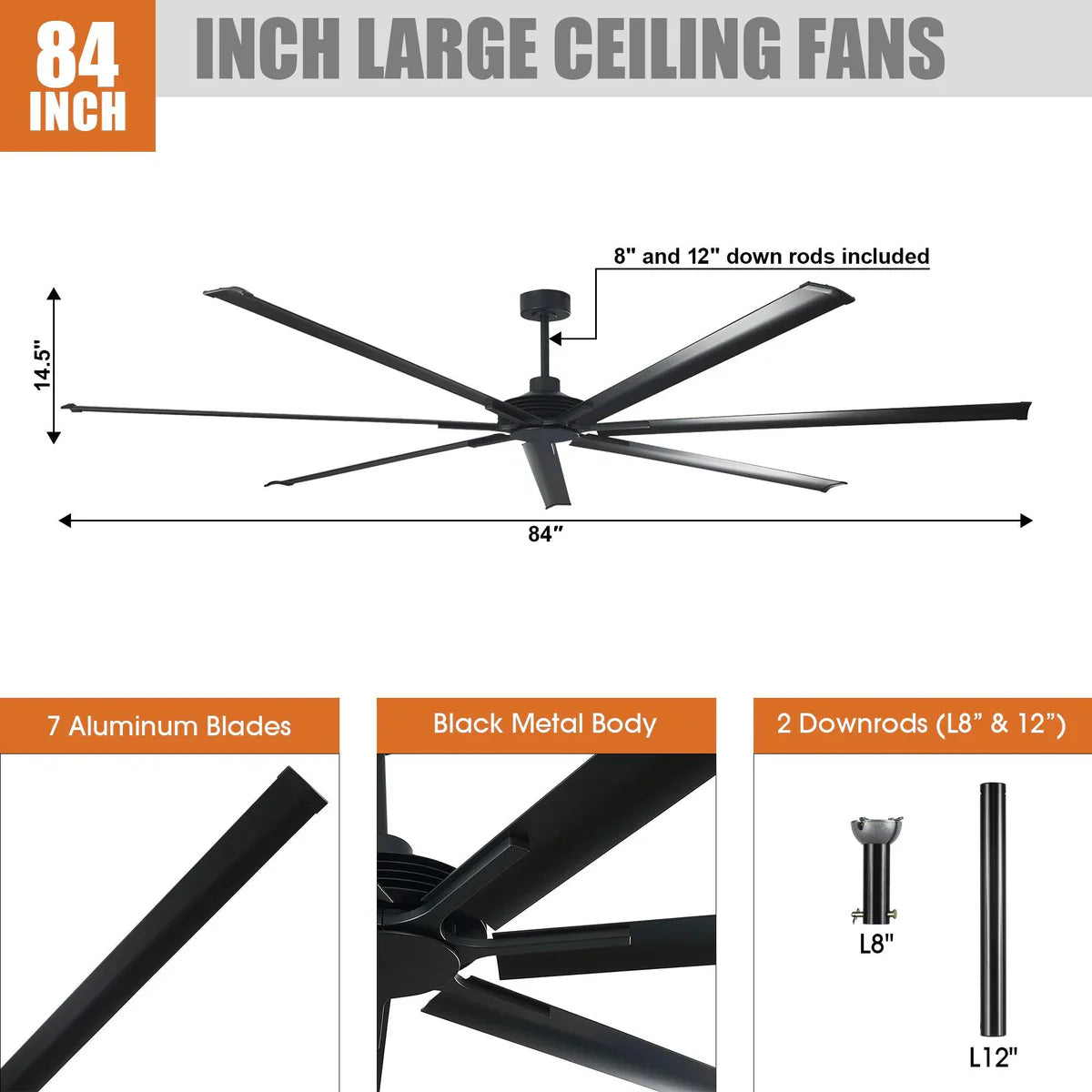 Large matte black ceiling fan with six-speed remote and downrod mount for open commercial interiors mounting measurements