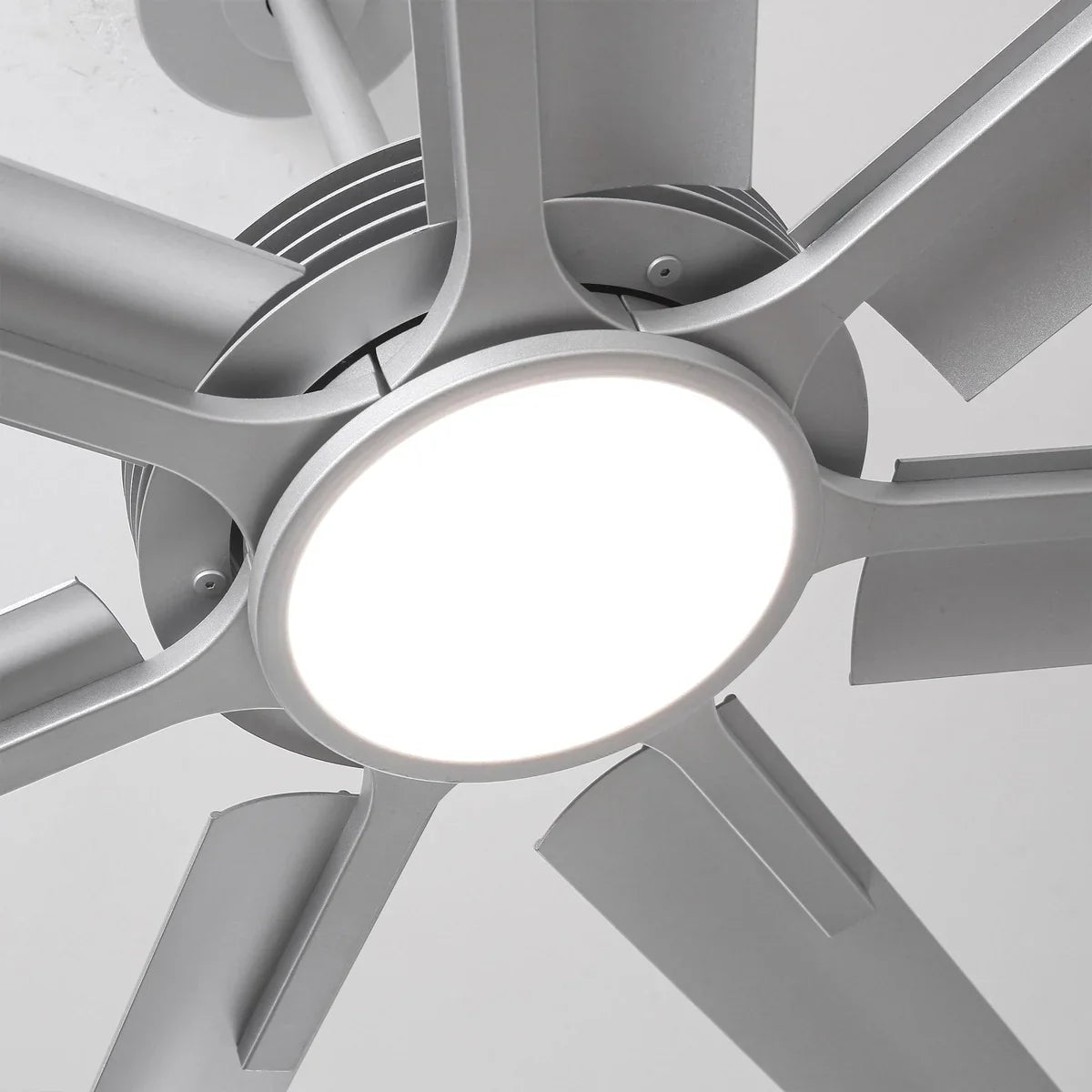 Brushed silver ceiling fan with integrated LED light and quiet DC motor for large open spaces