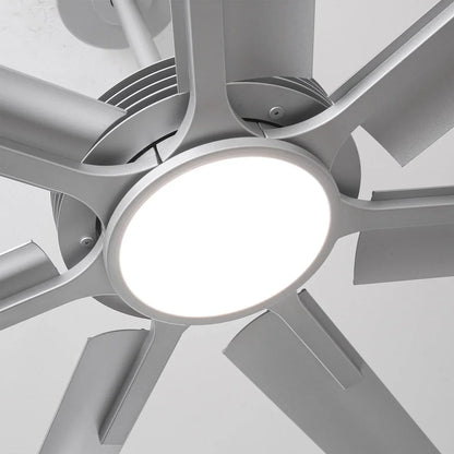 Brushed silver ceiling fan with integrated LED light and quiet DC motor for large open spaces