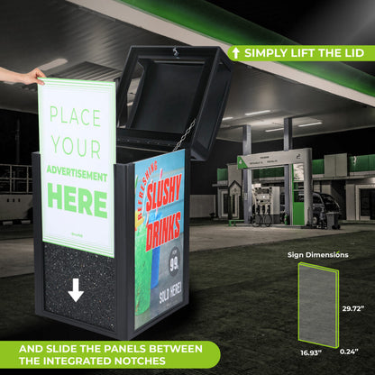 Grey stone trash container with signage display and secure locking system