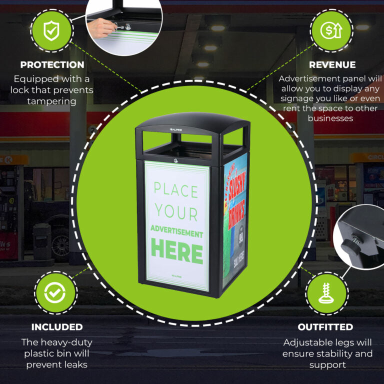 Rugged 40-gallon all-weather trash container in grey stone with advertising panels