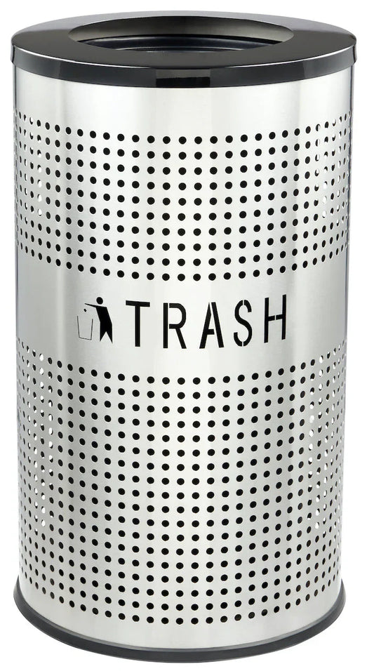 26-gallon stainless steel commercial trash can with cylindrical body, open-top design, and brushed metal finish.