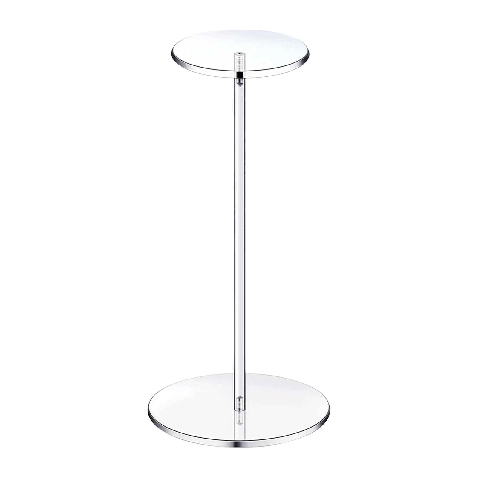 Clear acrylic countertop hat display stand with a round base and vertical post.