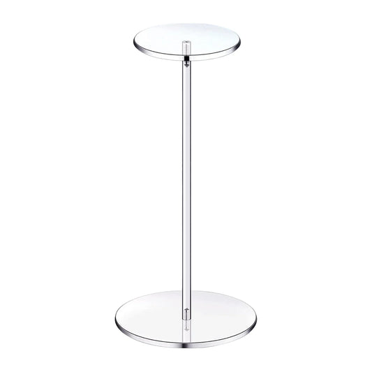 Clear acrylic countertop hat display stand with a round base and vertical post.