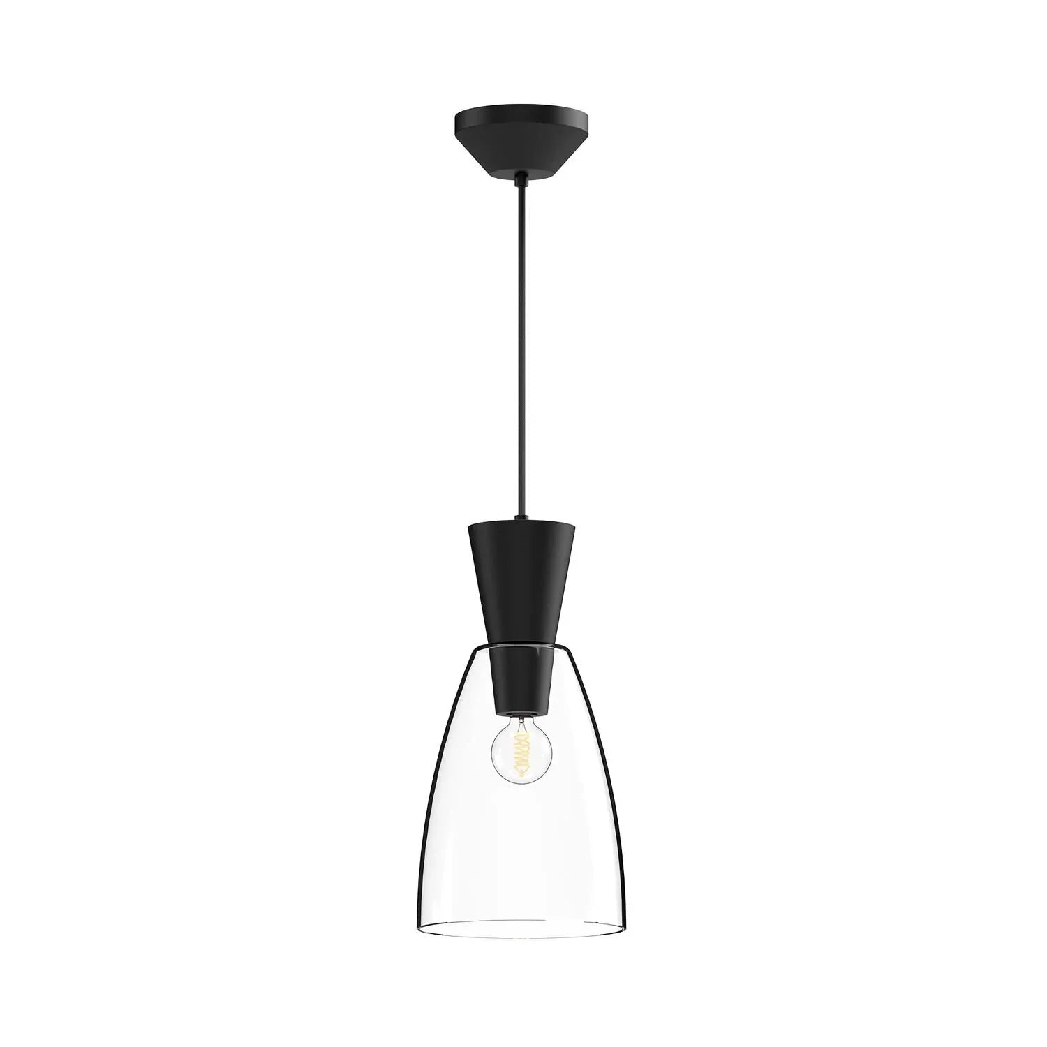 Arlo 7-inch mini pendant light with a clear glass shade and black metal hardware, designed for bar and restaurant ceiling lighting.