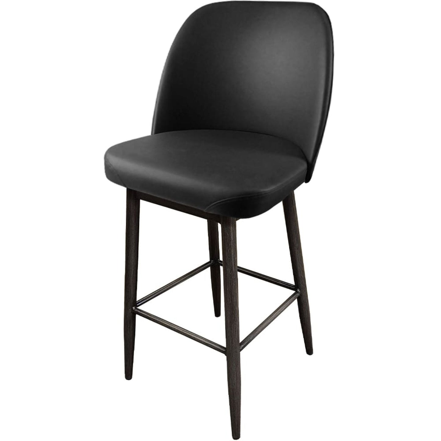 Amata barstool with standard bucket, driftwood frame and black vinyl seat