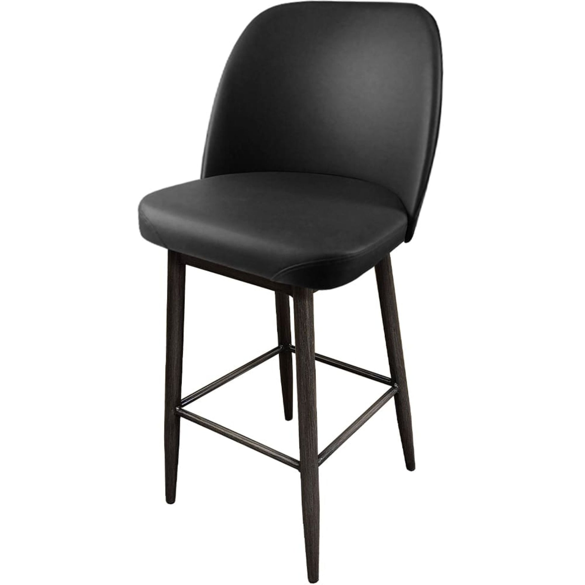 Amata barstool with standard bucket, driftwood frame and black vinyl seat