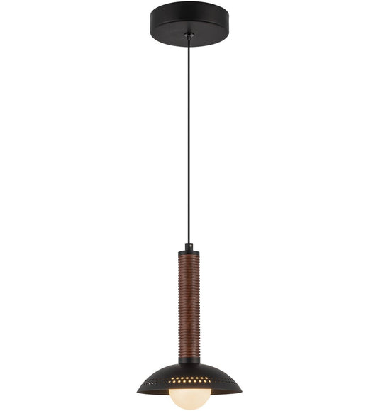 Arden textured LED pendant in a black finish, featuring a ribbed metal upper shade and an opal glass lower globe for modern bar and restaurant lighting.