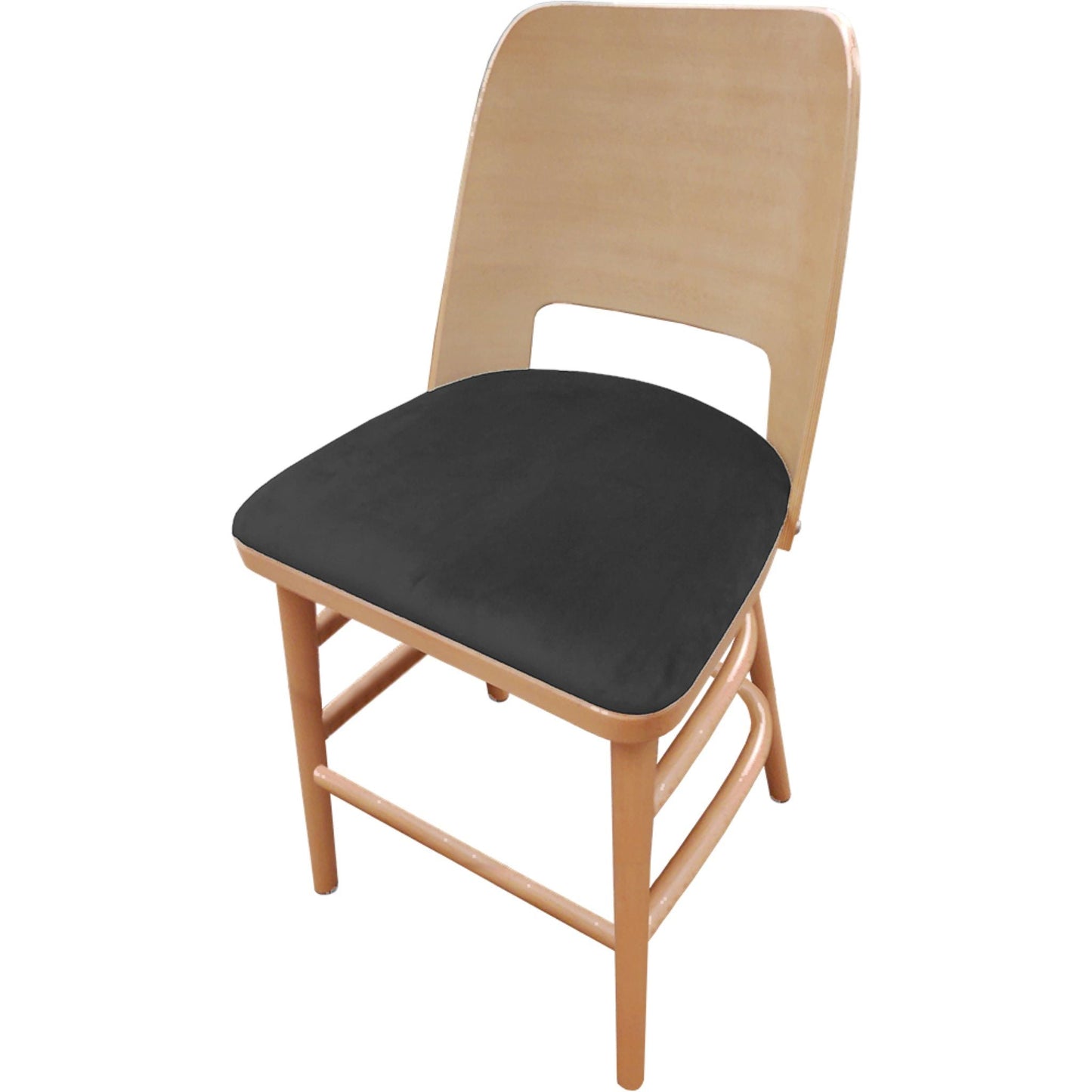 Aurora barstool with natural European beechwood frame and black vinyl seat for restaurant interiors