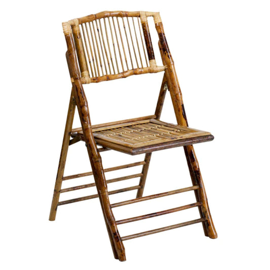 Front view of bamboo folding chair with glossy finish and slatted seat, designed for weddings and events.