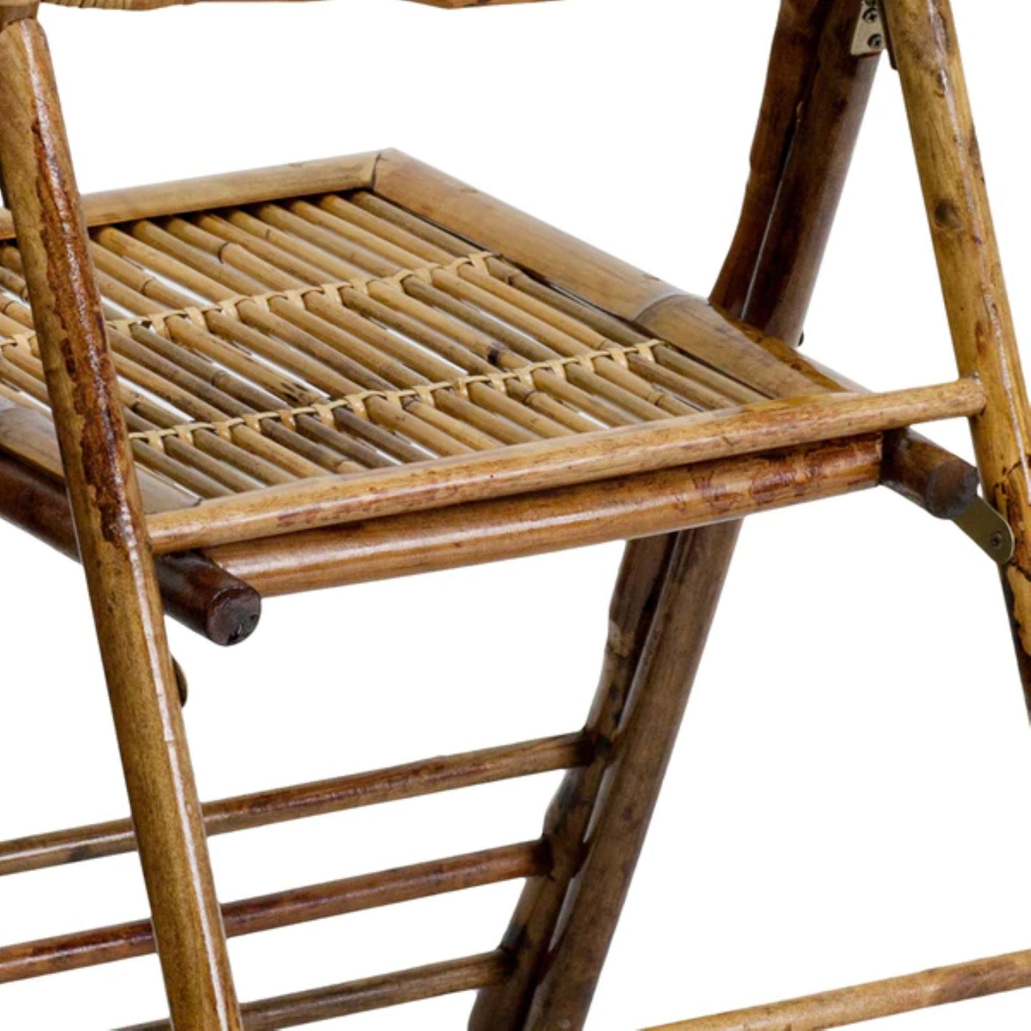 Back view of bamboo folding chair with curved bamboo slats and smooth glossy finish.