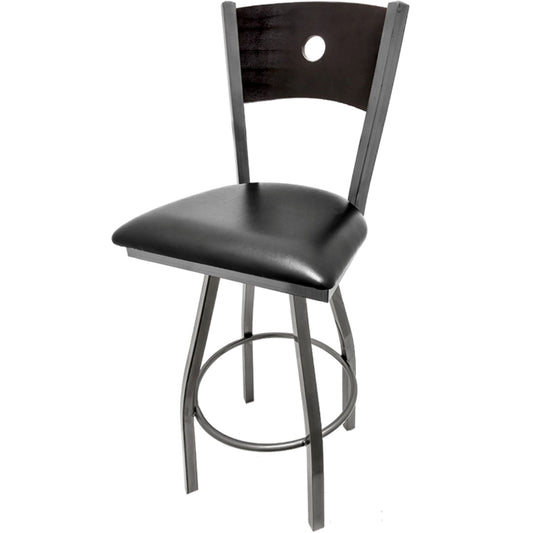 Bullseye wood back barstool with clear coat swivel frame, black back and black vinyl seat