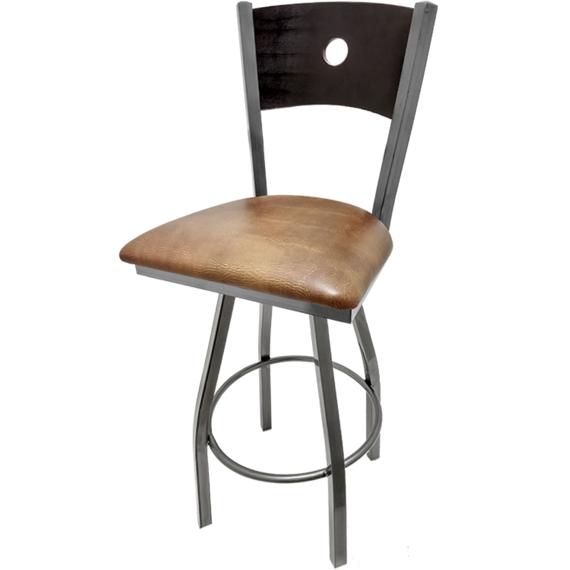 Bullseye wood back barstool with clear coat swivel frame, black back and buckskin vinyl seat