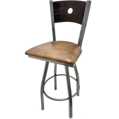 Bullseye wood back barstool with clear coat swivel frame, black back and buckskin vinyl seat