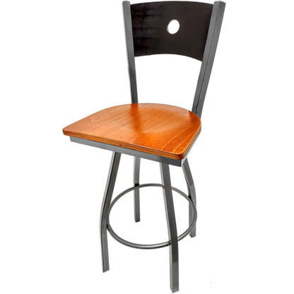 Bullseye wood back barstool with clear coat swivel frame, black back and cherry wood seat