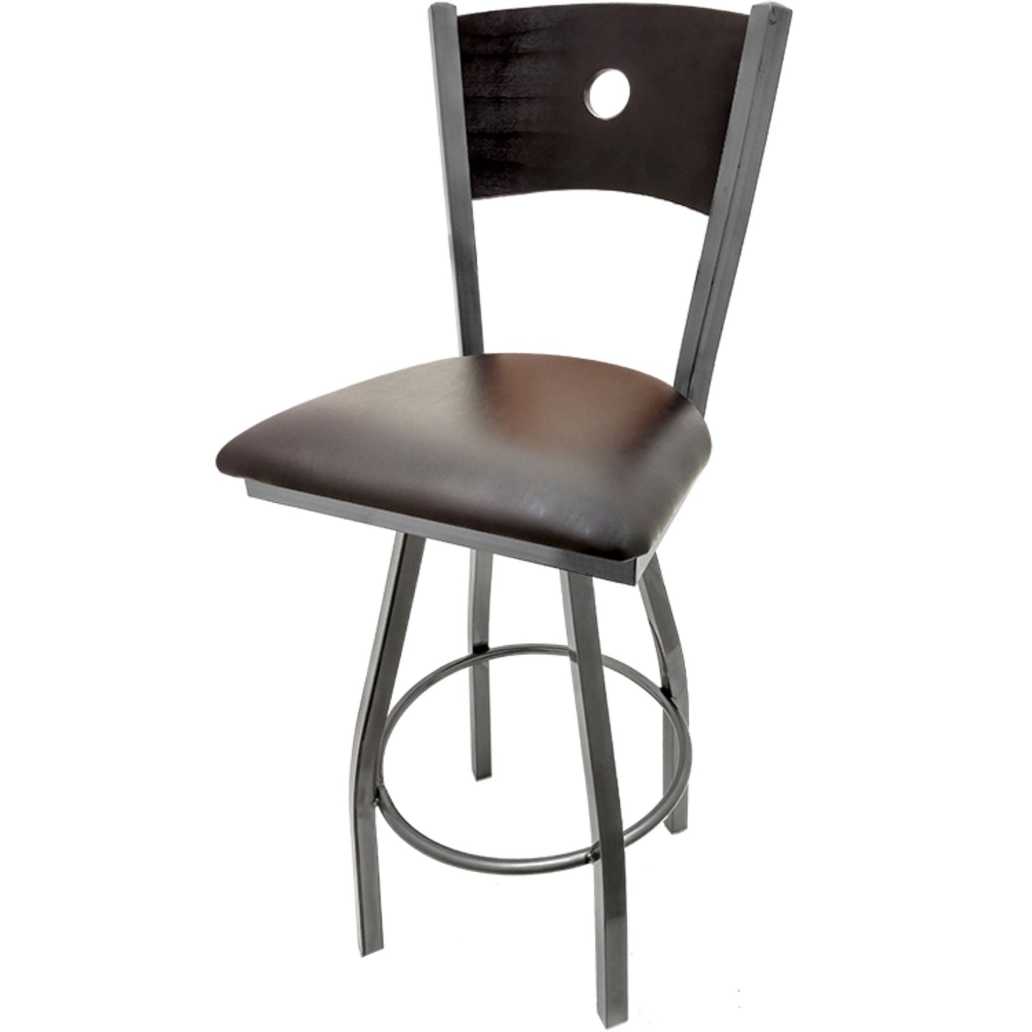 Bullseye wood back barstool with clear coat swivel frame, black back and espresso vinyl seat