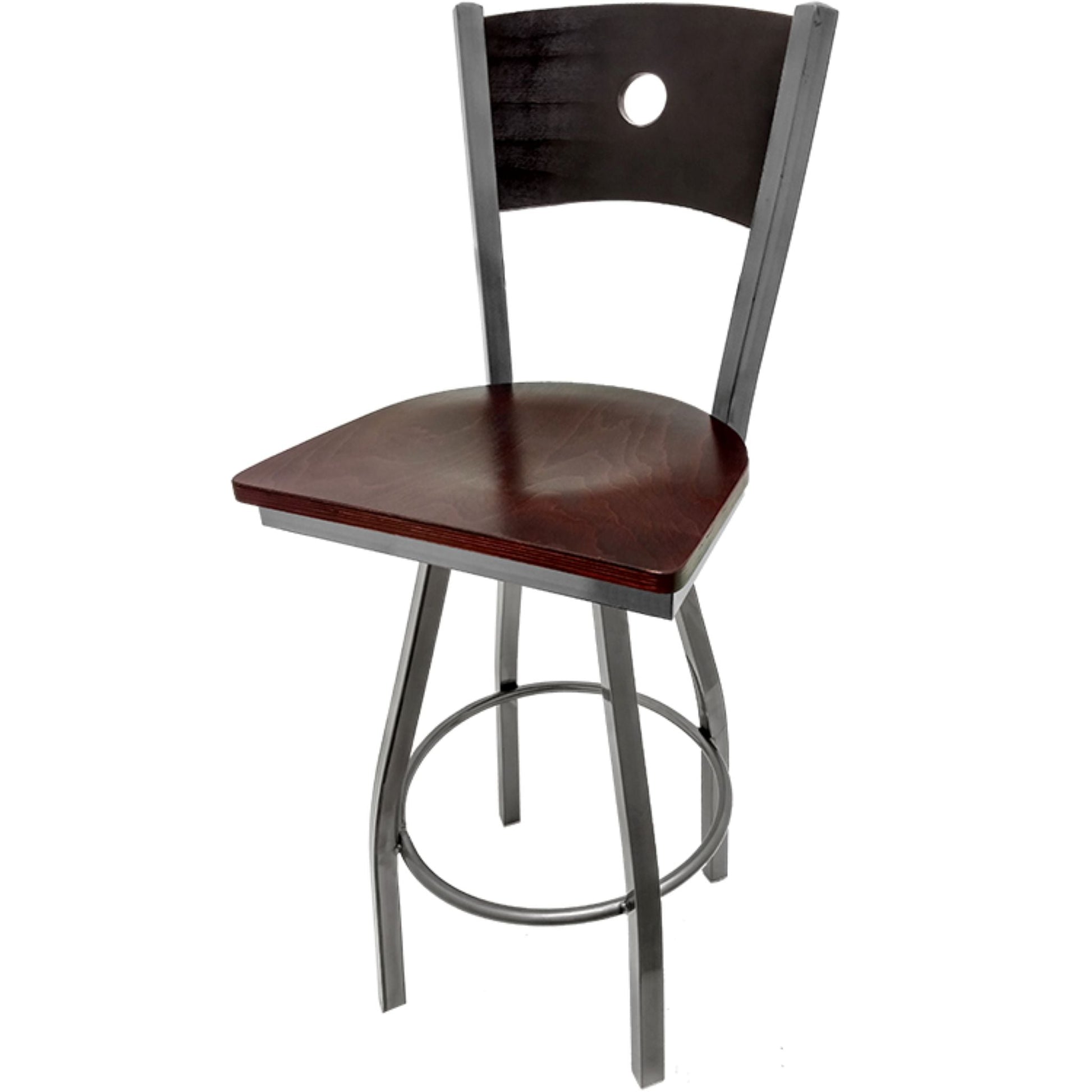 Bullseye wood back barstool with clear coat swivel frame, black back and mahogany wood seat
