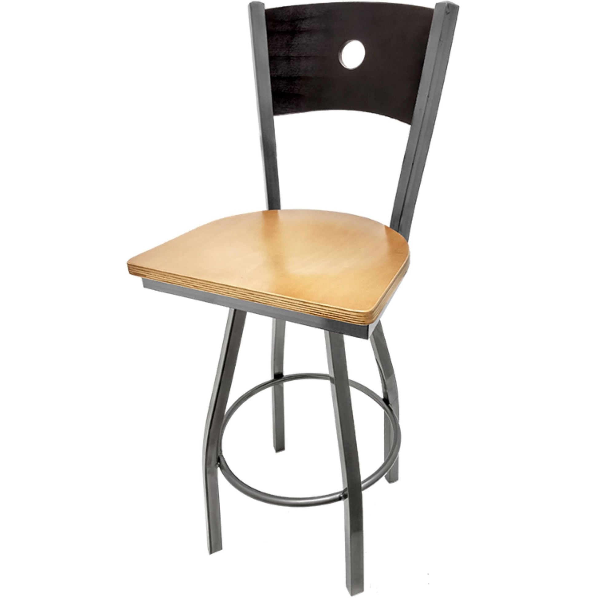 Bullseye wood back barstool with clear coat swivel frame, black back and natural wood seat