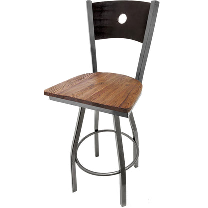 Bullseye wood back barstool with clear coat swivel frame, black back and reclaimed wood seat