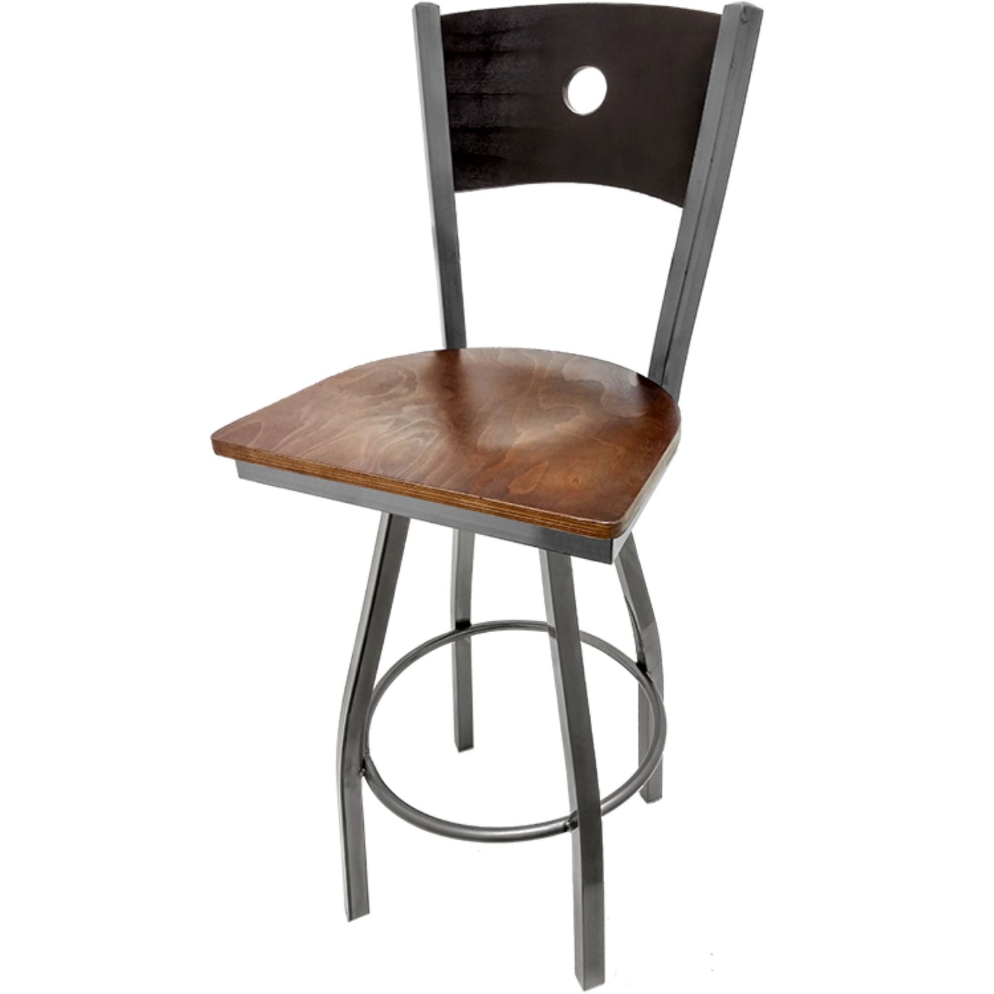 Bullseye wood back barstool with clear coat swivel frame, black back and walnut wood seat