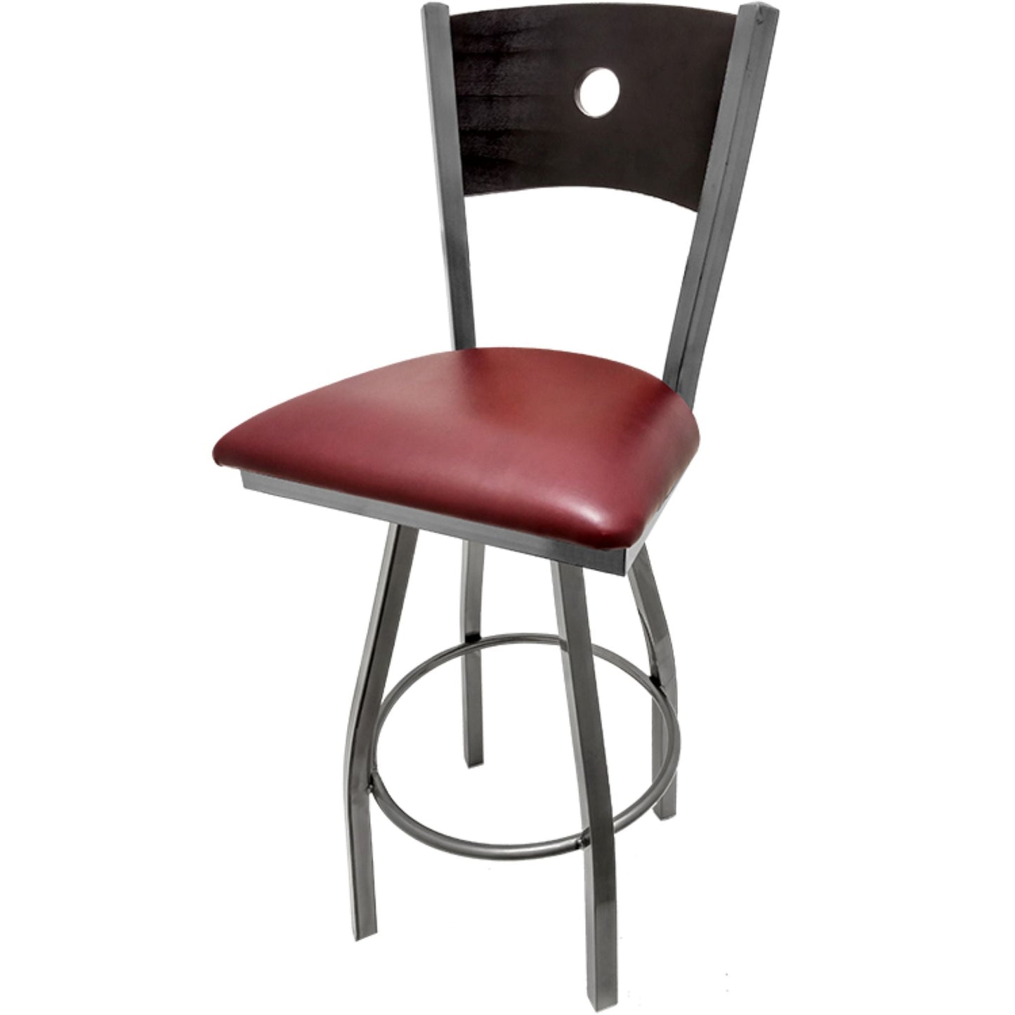 Bullseye wood back barstool with clear coat swivel frame, black back and wine vinyl seat