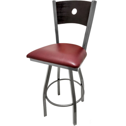 Bullseye wood back barstool with clear coat swivel frame, black back and wine vinyl seat