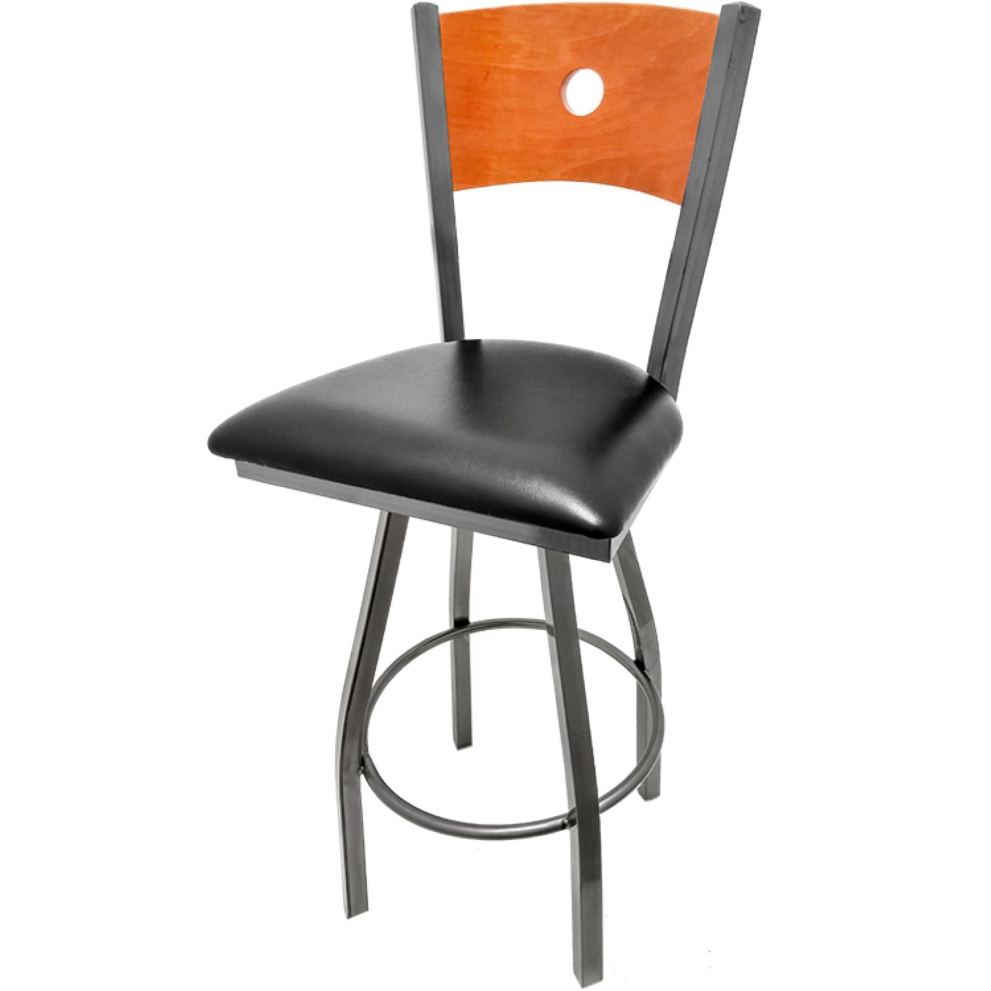 Bullseye wood back barstool with clear coat swivel frame, cherry back and black vinyl seat
